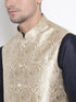 Vastramay Men's Navy Blue Jacquard Jacket With Kurta Dhoti Set